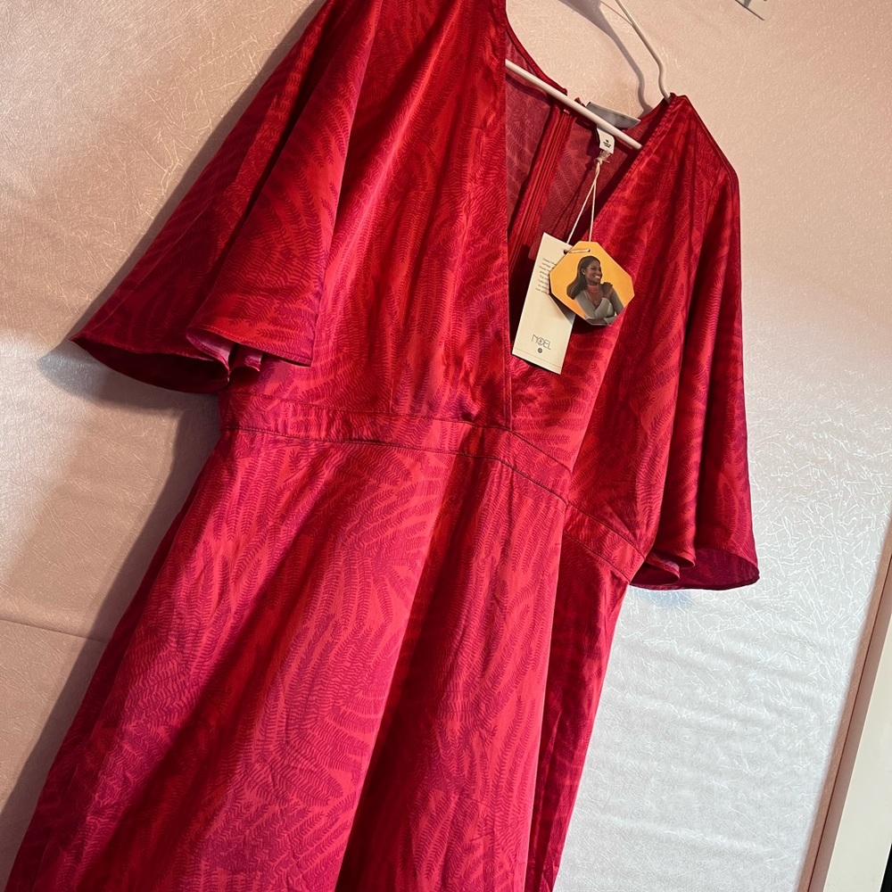 FE NOEL Satin Feel Dress with Waterfall Sleeve in Red! NWT
